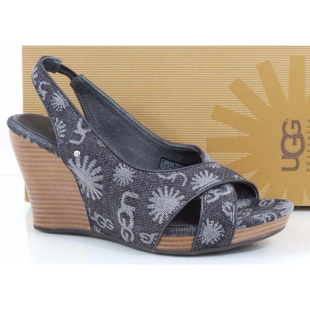 UGG Australia Hazel Denim Platform Wedge Slingback Sandals Black Size 8.5